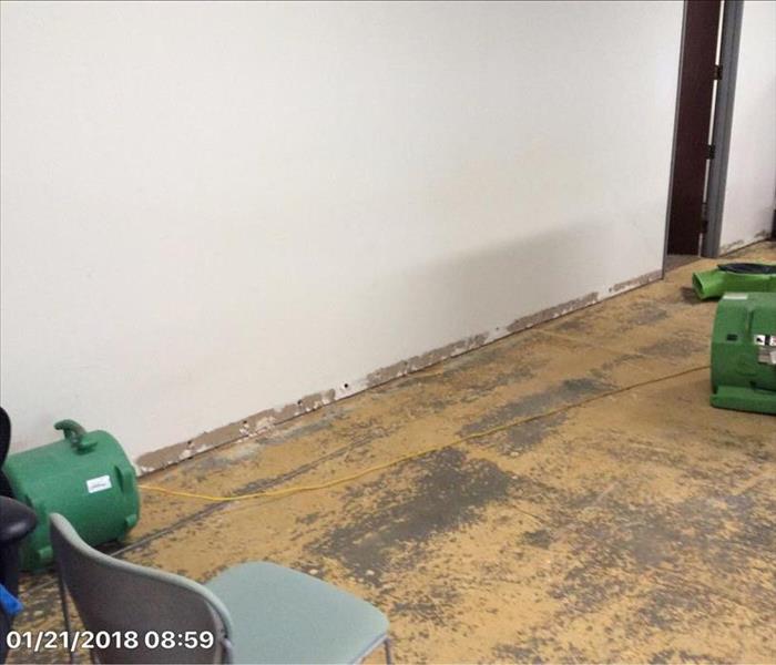 removed carpet, concrete floor, drilled holes in base of walls