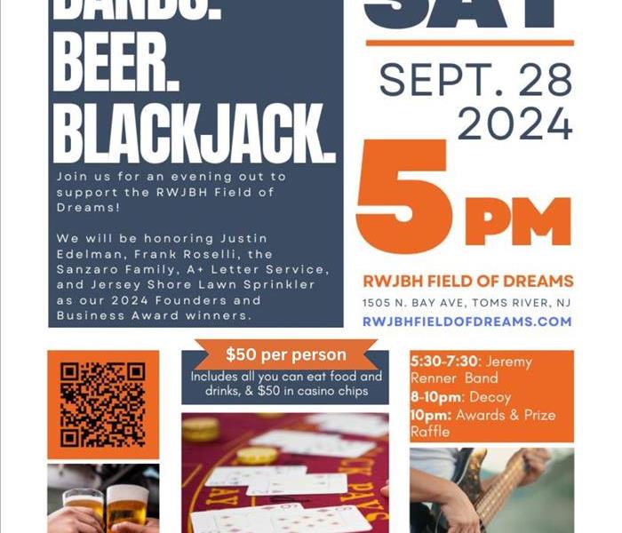 SERVPRO of Point Pleasant sponsorship flyer for Field of Dreams Bands. Beer. Blackjack. 2024 Flyer