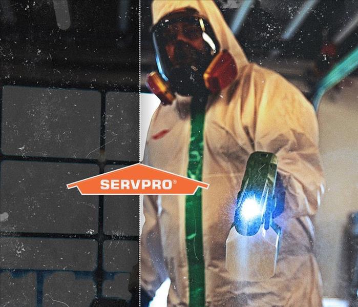 SERVPRO team member in standard protection attire during Covid cleaning